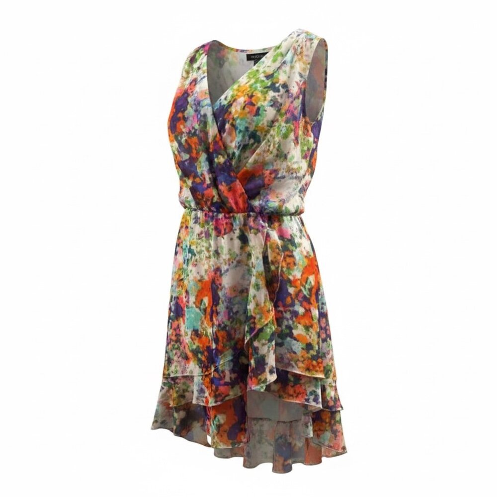 Thalia Sodi NWT M Watercolor Floral Surplice High Low Ruffle Fit & Flare Dress